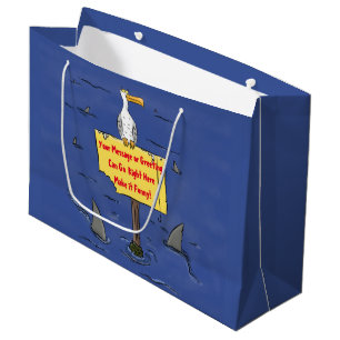 Funny sea bird circled by sharks cartoon large gift bag