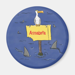Funny sea bird circled by sharks cartoon magnet