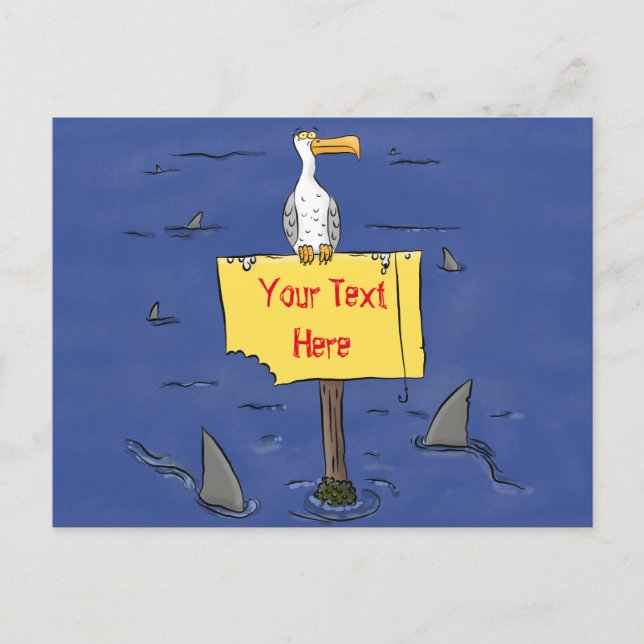 Funny sea bird circled by sharks cartoon postcard (Front)