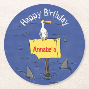 Funny sea bird circled by sharks cartoon round paper coaster
