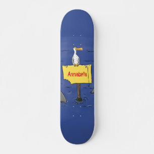 Funny sea bird circled by sharks cartoon skateboard
