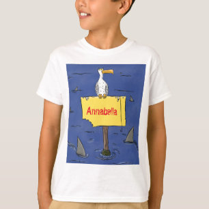Funny sea bird circled by sharks cartoon T-Shirt