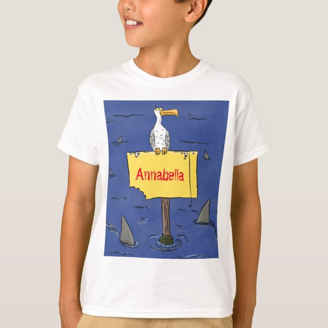 Funny sea bird circled by sharks cartoon T-Shirt (Front)