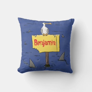 Funny sea bird circled by sharks cartoon throw pillow