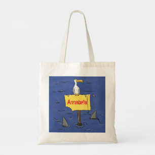 Funny sea bird circled by sharks cartoon tote bag