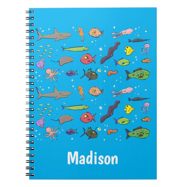 Funny sea creatures cartoon illustration notebook (Front)