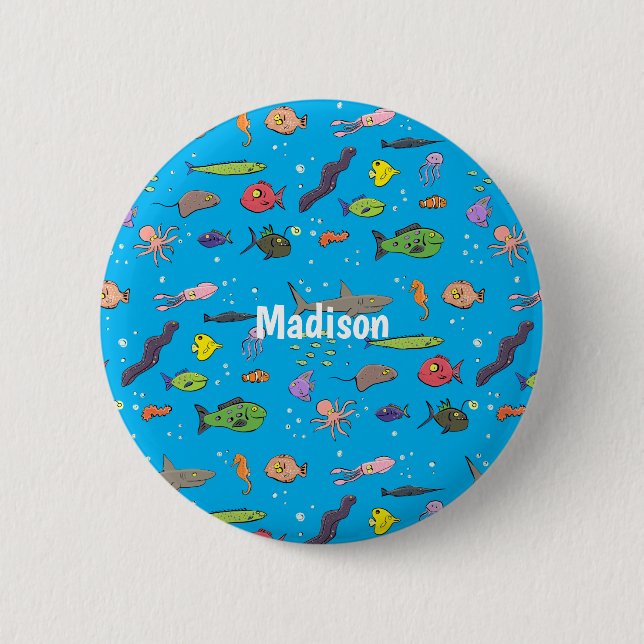 Funny sea creatures cartoon illustration pattern 2 inch round button (Front)