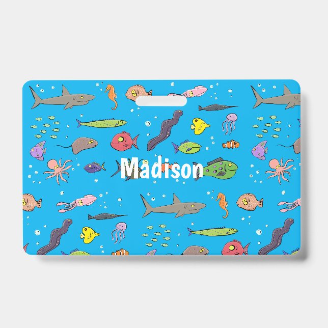 Funny sea creatures cartoon illustration pattern badge (Front)