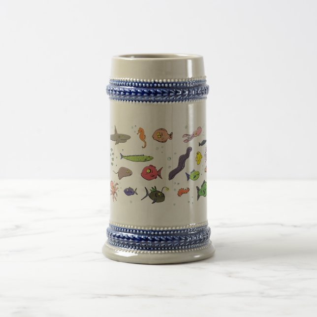 Funny sea creatures cartoon illustration pattern beer stein (Center)