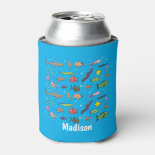 Funny sea creatures cartoon illustration pattern can cooler