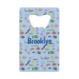 Funny sea creatures cartoon illustration pattern credit card bottle opener