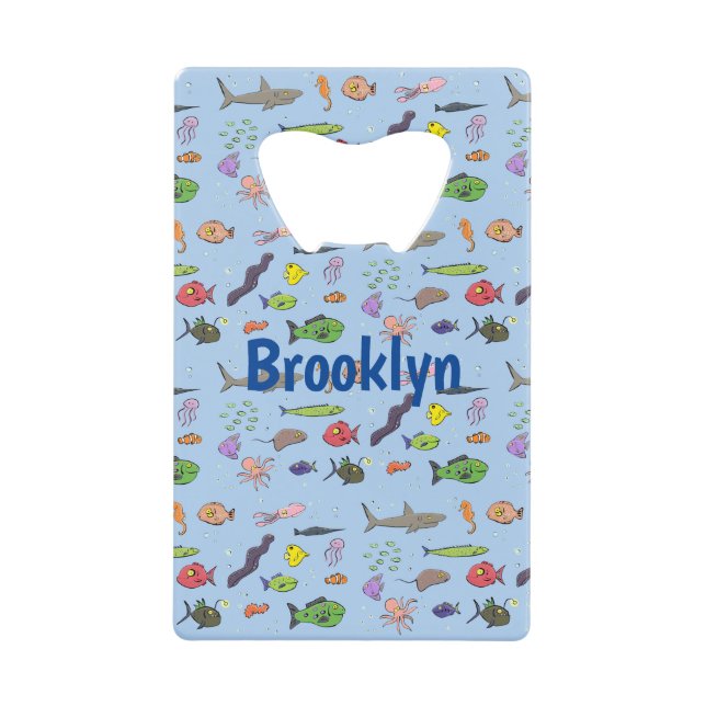 Funny sea creatures cartoon illustration pattern credit card bottle opener (Front)