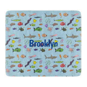 Funny sea creatures cartoon illustration pattern cutting board
