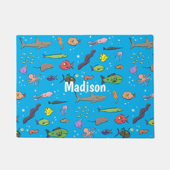 Funny sea creatures cartoon illustration pattern doormat (Front)