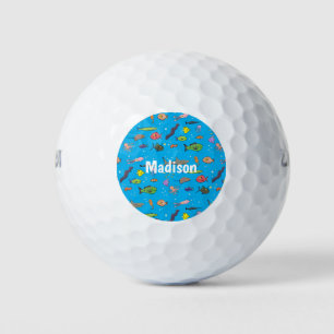 Funny sea creatures cartoon illustration pattern golf balls