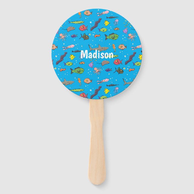 Funny sea creatures cartoon illustration pattern hand fan (Front)