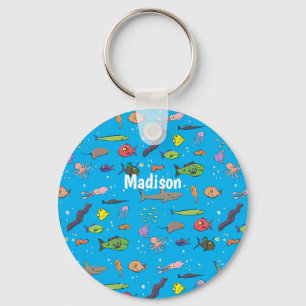 Funny sea creatures cartoon illustration pattern keychain