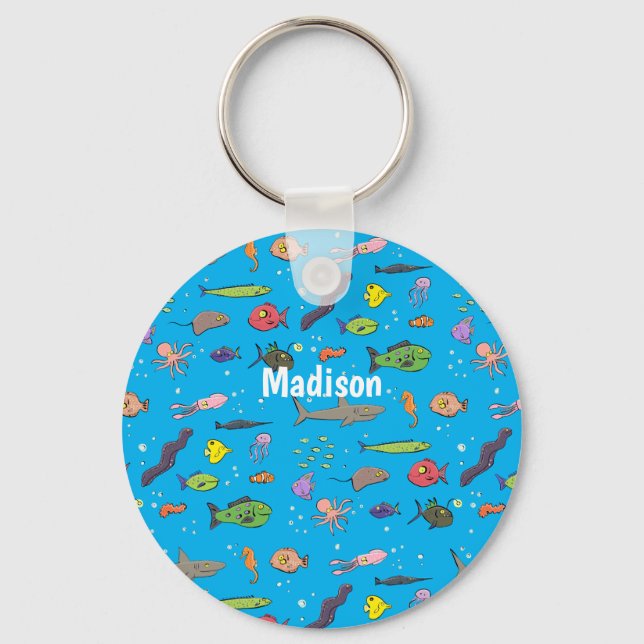 Funny sea creatures cartoon illustration pattern keychain (Front)