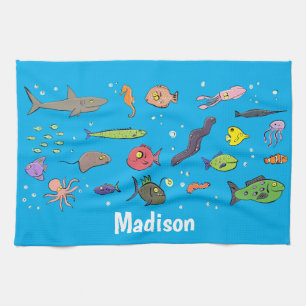 Funny sea creatures cartoon illustration pattern kitchen towel