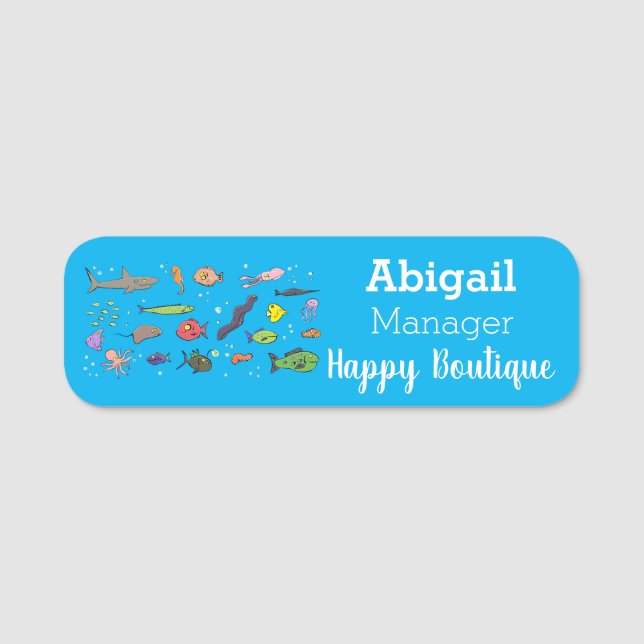 Funny sea creatures cartoon illustration pattern name tag (Front)