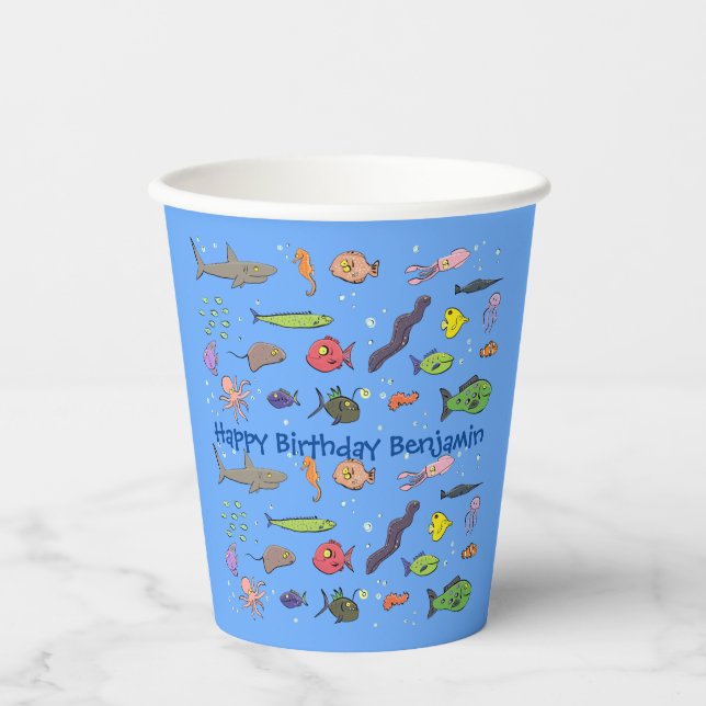 Funny sea creatures cartoon illustration pattern paper cups (Front)
