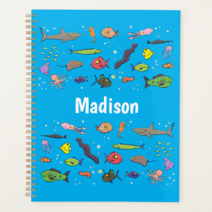 Funny sea creatures cartoon illustration pattern planner