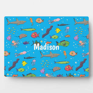 Funny sea creatures cartoon illustration pattern plaque