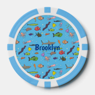 Funny sea creatures cartoon illustration pattern poker chips