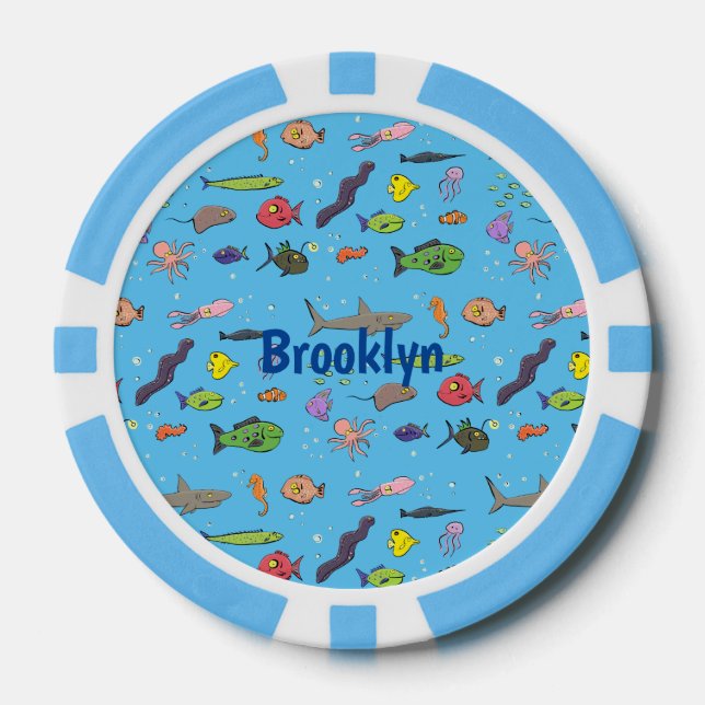 Funny sea creatures cartoon illustration pattern poker chips (Front)