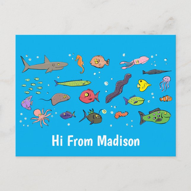 Funny sea creatures cartoon illustration pattern postcard (Front)