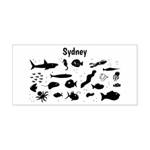 Funny sea creatures cartoon illustration pattern  rubber stamp