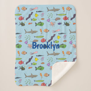 Funny sea creatures cartoon illustration pattern sherpa blanket
