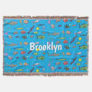 Funny sea creatures cartoon illustration pattern throw blanket