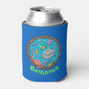Funny sea creatures in ship port hole cartoon can cooler