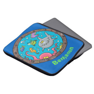 Funny sea creatures in ship port hole cartoon laptop sleeve