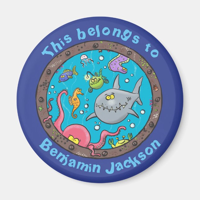 Funny sea creatures in shipwreck porthole cartoon magnet (Front)