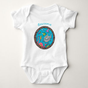 Funny sea creatures underwater cartoon drawing baby bodysuit