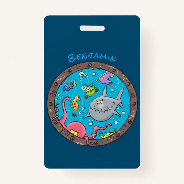 Funny sea creatures underwater cartoon drawing badge (Front)
