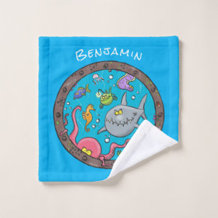 Funny sea creatures underwater cartoon drawing bath towel set