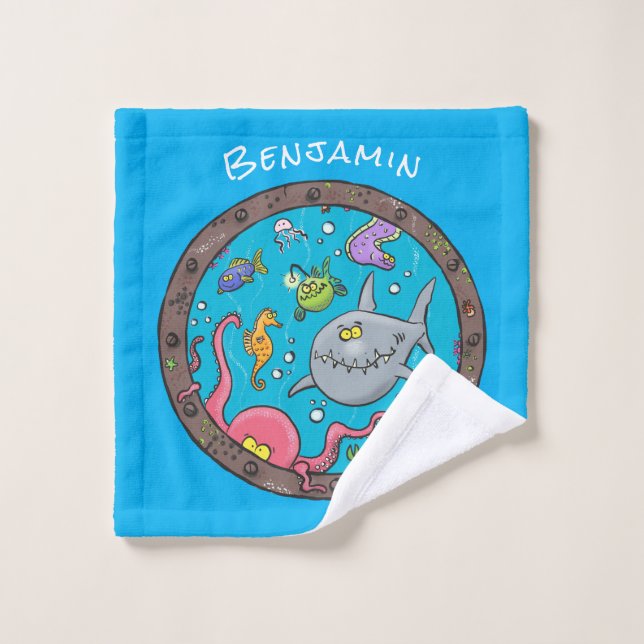Funny sea creatures underwater cartoon drawing bath towel set (Wash Cloth)