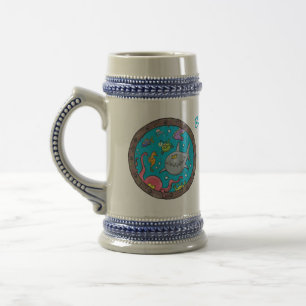 Funny sea creatures underwater cartoon drawing beer stein