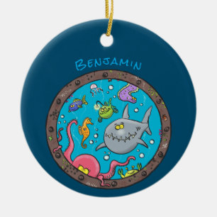 Funny sea creatures underwater cartoon drawing ceramic ornament