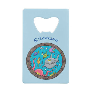 Funny sea creatures underwater cartoon drawing credit card bottle opener