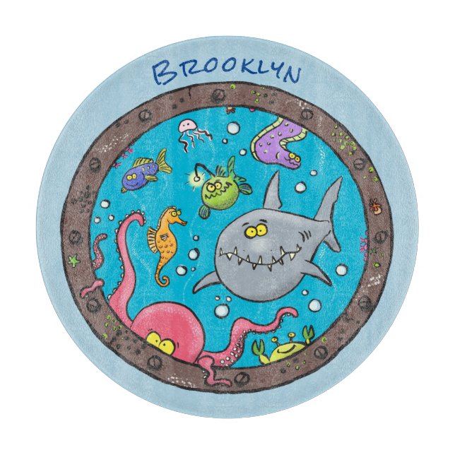 Funny sea creatures underwater cartoon drawing cutting board (Front)