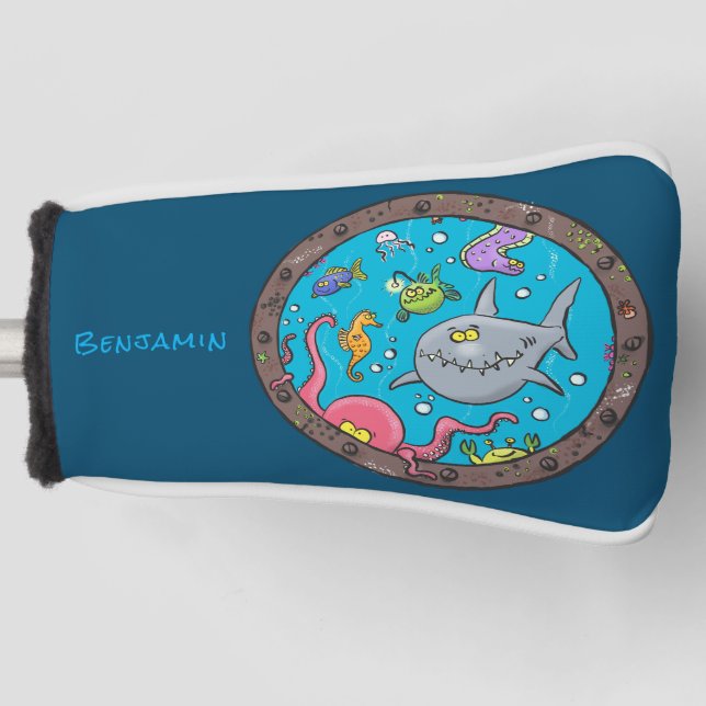 Funny sea creatures underwater cartoon drawing golf head cover (Front)