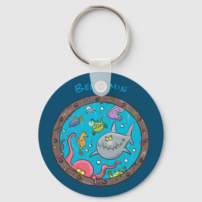 Funny sea creatures underwater cartoon drawing keychain (Front)