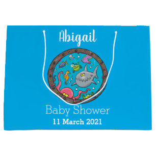 Funny sea creatures underwater cartoon drawing large gift bag