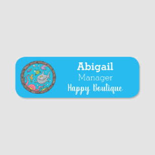 Funny sea creatures underwater cartoon drawing name tag