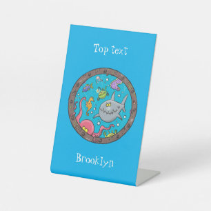Funny sea creatures underwater cartoon drawing pedestal sign