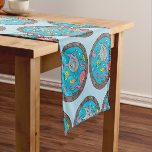 Funny sea creatures underwater cartoon drawing short table runner